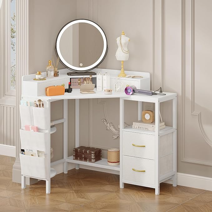 VENNQD Corner Desk with 6 Drawers Shelves for Small Space Computer Desk with Power Outlets,Gaming Desk with Printer Monitor Stand Storage for Home Office Workstation Writing Table (White, 31.5) - Image 6