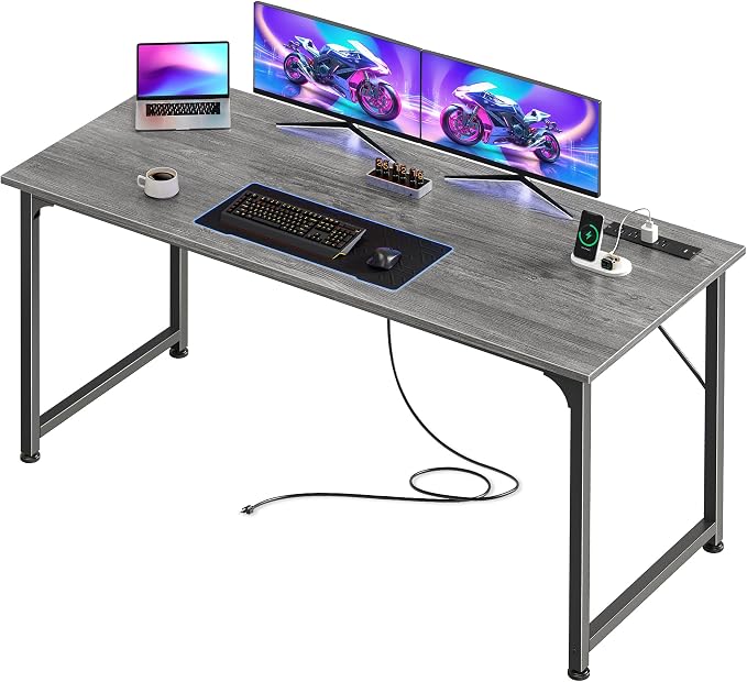 PRAISUN 55 X 20 Inch Computer Desk, Power Outlets, USB-C, Grey | Office Desk with 4 AC Outlets, USB & USB-C, Sturdy Metal Frame, Spacious Desktop for Work, Writing, Study & Gaming by PRAISUN