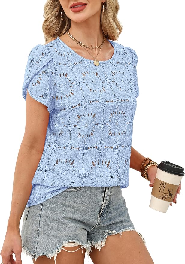 OFEEFAN Blouses for Women Dressy Casual Petal Short Sleeve Shirts Crochet Lace Boho Tops Spring Fashion Summer Outfits - Image 4