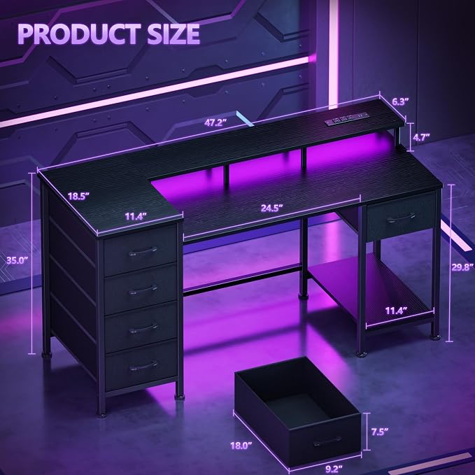 Korfile 47 Inch Gaming Desk with Power Outlets and LED Lights, Reversible Computer Desk with 5 Fabric Storage Drawers, Home Office Desk with Monitor Stand for Working Writing Study, Black | Gaming desk with power outlets &LED lights,reversible design w... - Image 2