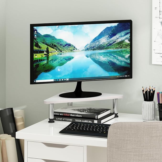 Furinno Turn-N-Tube Corner Monitor Riser Stand, White Oak, Stainless Steel Tubes - Image 2