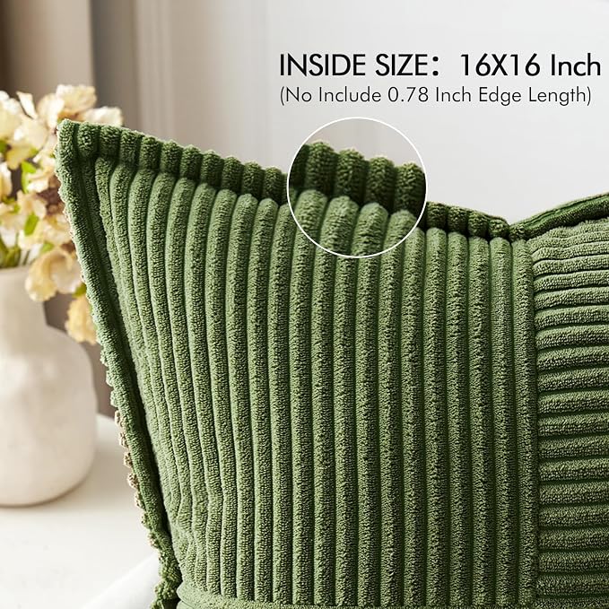 MIULEE Spring Decorative Throw Pillow Covers for Couch Bed Livingroom 16x16 Inch Set of 2 Moss Green Boho Accent Throw Pllows Broadside Striped Patchwork Soft Corduroy Summer Pillowcases - Image 2