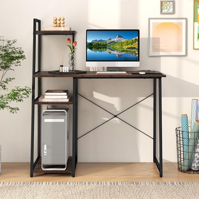 Giantex Computer Desk with Shelves, 47.5” Home Office Desk with Bookshelf, Host Stand, Metal Frame, PC Laptop Workstation, Modern Study Writing Desk for Bedroom, Small Space (Rustic Brown & Black) - Image 2