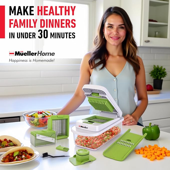 MUELLER HOME Pro-Series 10-in-1 Vegetable Chopper, 8 Blade Onion Mincer | Cutter, Dicer, Fruit Slicer with Container, French Fry Cutter Potato Slicer, Home Essentials, Salad Chopper White Sand/Green - Image 9