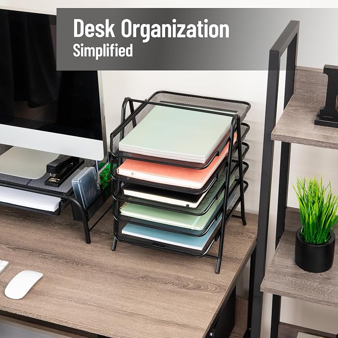 Mind Reader 5-Tier Paper Tray Organizer, Vertical Desktop File Storage Rack, Office, Metal Mesh, Black - Image 2