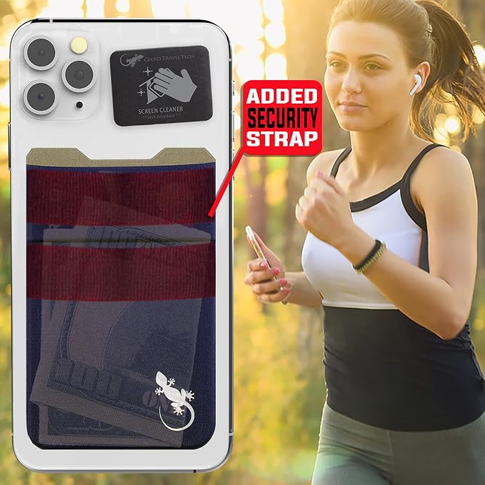 Gecko Travel Tech Double Pocket - Adhesive Card Holder - Cell Phone Pouch - Stick on Spandex Pocket - Carry Credit Cards and Cash (Navy) - Image 7