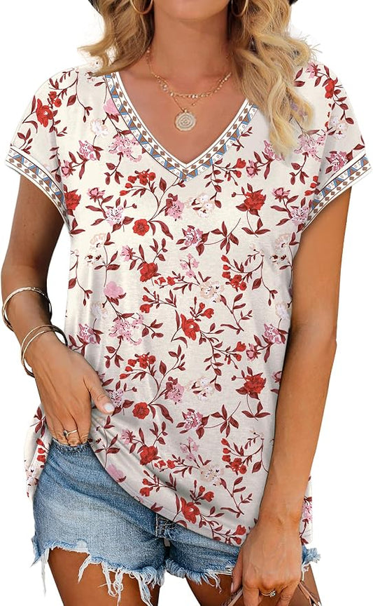 WIHOLL Womens Summer Tops 2026 Cap Short Sleeve Shirs V Neck T Shirts Fashion Beach Vacation Clothes Color Block by WIHOLL