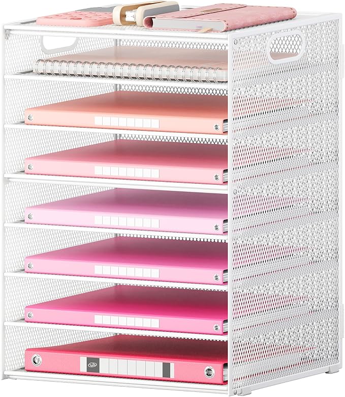 Lavatino 8-Tier Letter Tray Desk Paper Organizer, Mesh File Tray Organizer for Desk, Office Supplies & Home Organization, Fits A4 Paper, Mail, Magazines and Office Accessories (White with Handle) by Lavatino