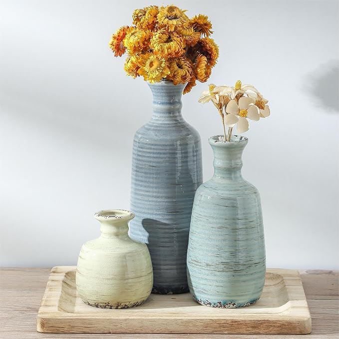 Ceramic Vase Set of 3, Rustic Neutral Vases Home Decor Farmhouse Decorative Flower Vase Modern Boho Pampass Vases for Table Mantel Entryway Shelf Living Room Kitchen Bathroom - Multicolor - Image 7
