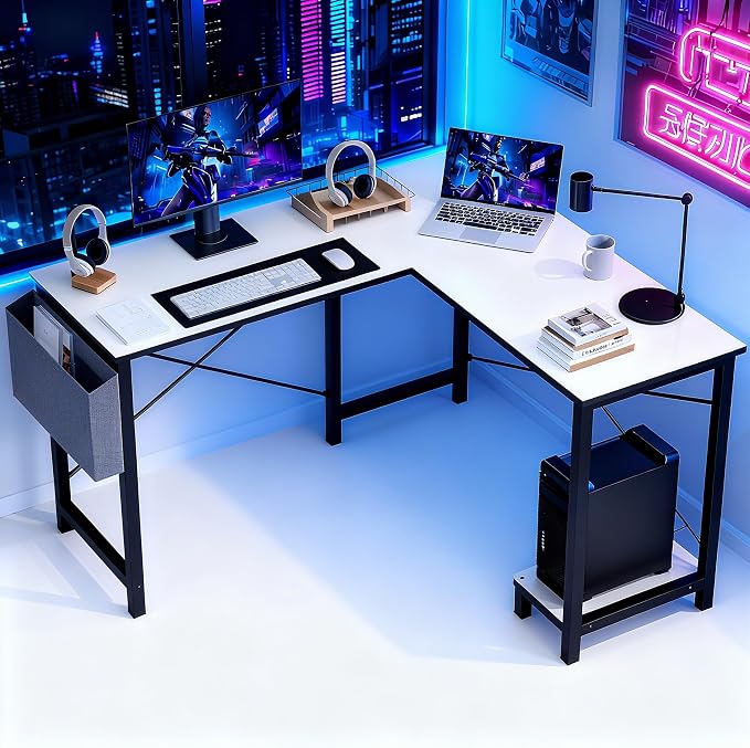 OLIXIS L Shaped Desk, 50-Inch Office Computer Gaming Desks Corner PC Table with Side Bag and Reversible Shelf for Home Work Study Writing White | Side Bag, Reversible Shelf, Home Work Study Writing, PC Workstation, Easy Assembly, White - Image 2