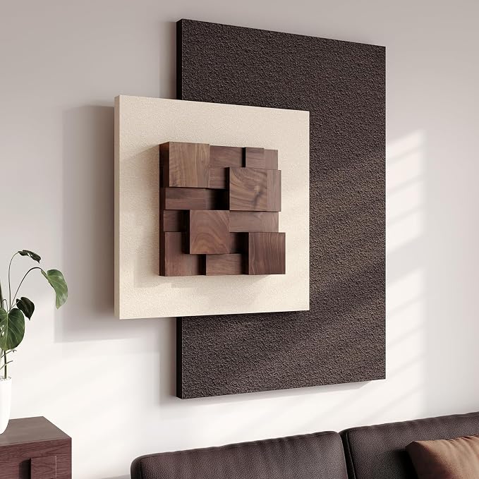 3D Wood Textured Large Neutral Abstract Wall Art, Modern Beige Brown Geometric Paintings Artwork for Walls-Minimalist Wooden Wall Art Decor for Living Room Hallway Dining Room Bedroom Office Aesthetic - Image 3