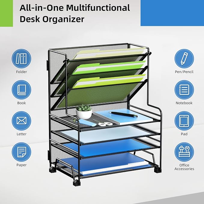 MINDEPOT 4-Tier Paper Organizer + 3-Pocket File Holder + Drawer + Pen Holders, Desktop File Organizers Paper Tray for Office Supplies School Classroom Organization (Black, No Drawer & Pen Holder) - Image 4