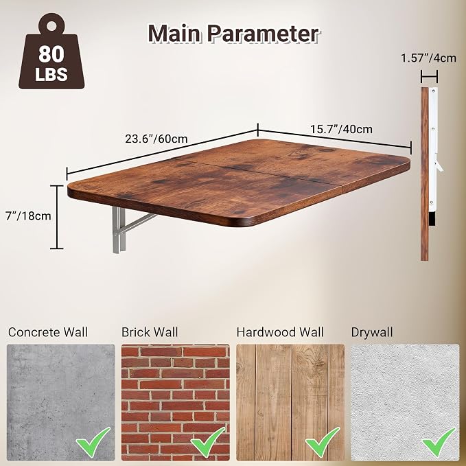 Neoaider Wall Mounted Folding Desk 23.6” x 15.7”, Brown | Drop Down Table with Metal Collapsible Brackets, Folding Wall Table for Small Spaces, Home, Office, Kitchen, Laundry Room - Image 3