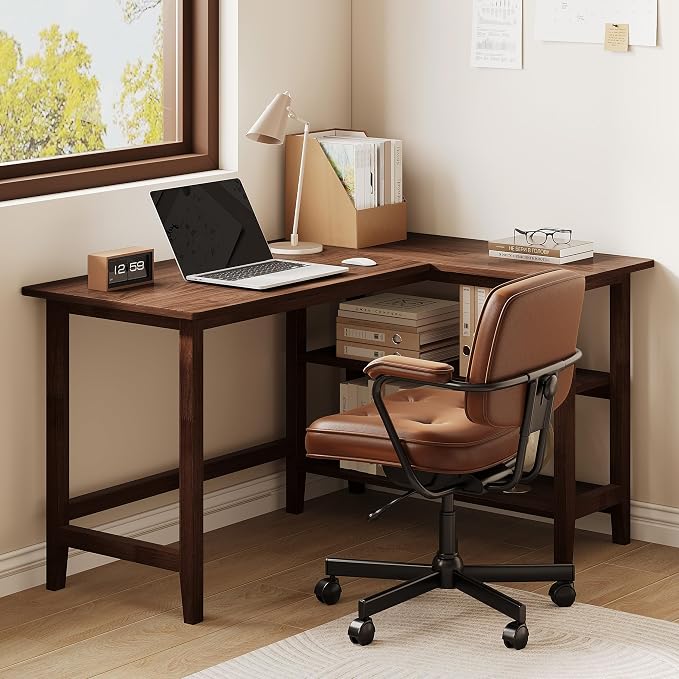 IOTXY Reversible L-Shaped Office Desk - 45" Compact Corner Computer Table with Storage Shelves, Solid Wood Legs, Writing & Study Workstation for Small Spaces, Walnut - Image 8