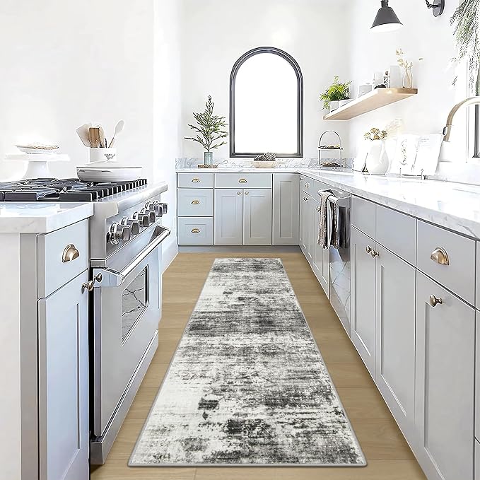 2'6''x8' Runner Rugs Washable Rug: Modern Abstract Hallway Runner Rug Indoor Soft Low Pile Thin Carpet Anti-Skid Non-Shedding Carpets for Kitchen, Entryway, Laundry, Bedroom - Black Grey by GENTDRIZZ