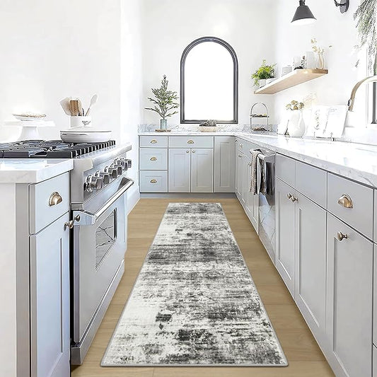 2'6''x8' Runner Rugs Washable Rug: Modern Abstract Hallway Runner Rug Indoor Soft Low Pile Thin Carpet Anti-Skid Non-Shedding Carpets for Kitchen, Entryway, Laundry, Bedroom - Black Grey by GENTDRIZZ