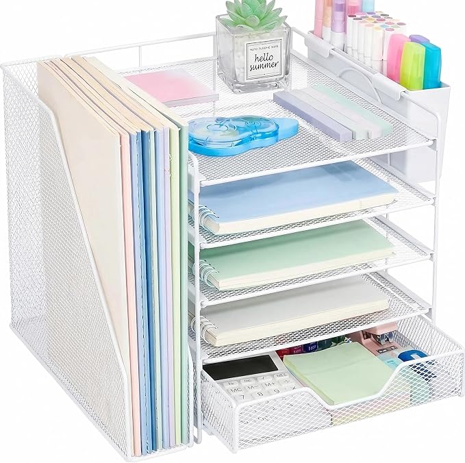 Desk Organizers and Accessories, 5-Tier Paper Letter Tray Organizer with File Holder, Drawer & Pen Holder, Office Desk Accessories, Desktop Organizer for Classroom Office Supplies, White by Illuminatinglifewiththewarmthandloveoflight