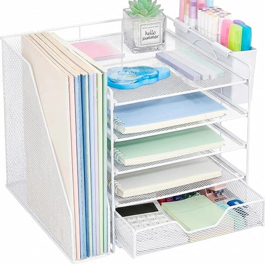 Desk Organizers and Accessories, 5-Tier Paper Letter Tray Organizer with File Holder, Drawer & Pen Holder, Office Desk Accessories, Desktop Organizer for Classroom Office Supplies, White by Illuminatinglifewiththewarmthandloveoflight