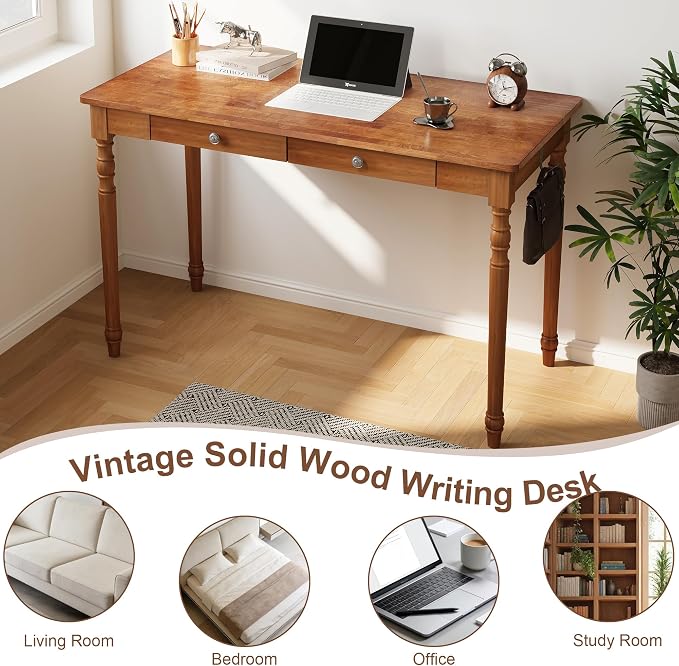 Vintage Solid Wood Writing Desk - 47.2" Mid Century Modern Desk with 2 Drawers, Wooden Computer Desks for Home Office, Large Secretary Desks, Traditional Vanity Dressing Table for Bedroom, Walnut - Image 9