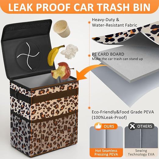 Vankor 3 Gallons Cute Car Trash Can, Car Accessories for Interior Leak Proof Can Trash Bag Hanging Waterproof Automotive Vehicle Garbage Cans Leopard Print Pattern - Image 3