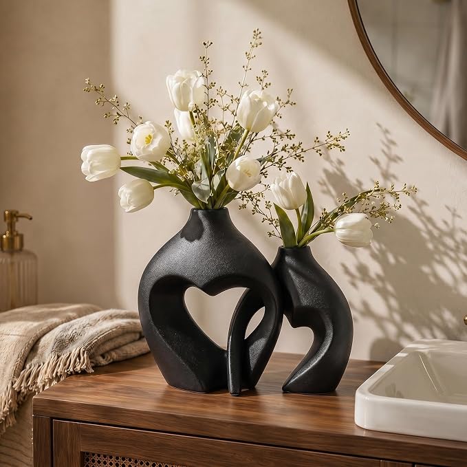 Black Ceramic Flower Vases Home Decor Heart Shaped Vase Set of 2 | Nordic Heart Shaped Vases Minimalist Decorative Vase for Table Centerpiece Wedding Dining Living Room Office House Decoration - Image 4