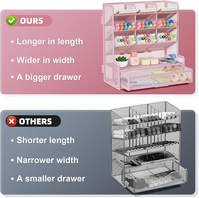 Marbrasse Larger Mesh Desk Organizer with Drawer, Multi-Functional Pen Pencil Holder, Easy Assembly, Desk Organizers and Accessories for Office Art Supplies (Pink) - Image 2