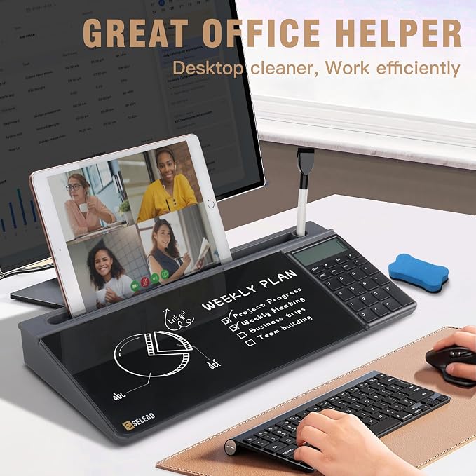 SELEAD Desktop Glass Whiteboard with Calculator, Dry Erase Board Computer Pad Keyboard Stand with Organizer Drawer for Home, School, Office Desk Accessories, Black - Image 3