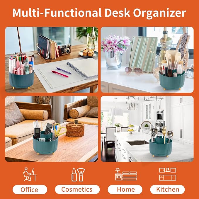 Desk Pencil Pen Holder, 5 Slots 360°Degree Rotating Pen Organizers for Desk, Desktop Storage Stationery Supplies Organizer, Cute Pencil Cup Pot for Office, School, Home, Art Supply, Dark Green - Image 5