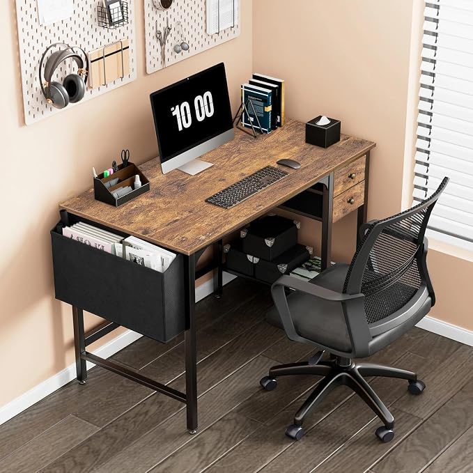 Lufeiya Computer Desk with Drawers - 40 Inch Work Reversible Small Desk for Bedroom Home Office, Simple Study Writing Table PC Desks with Drawer Storage Shelves, Rustic Brown - Image 2