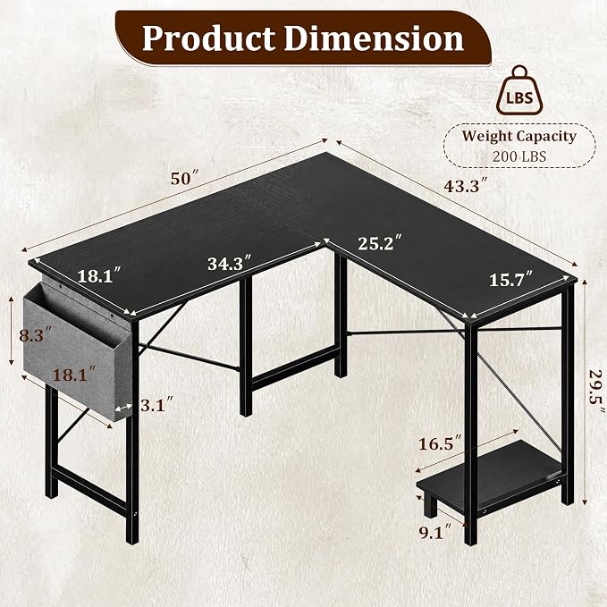 Alpen L Shaped Desk, 50 Inch Computer Desk, Gaming Table Corner Desk for Small Space, Home Office Desk with CPU Stand and Side Storage Bag, Sturdy Writing Workstation for Bedroom, Black - Image 2