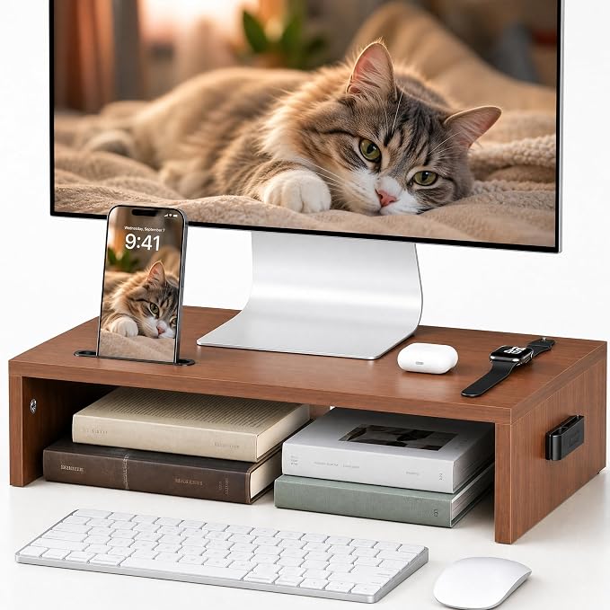 BONTEC Monitor Stand Riser with Cellphone Holder & Cable Management | 16.7 Inch Wood Monitor Riser Stand, Desktop Stand for PC/TV/Laptop/Printer, Walnut by BONTEC