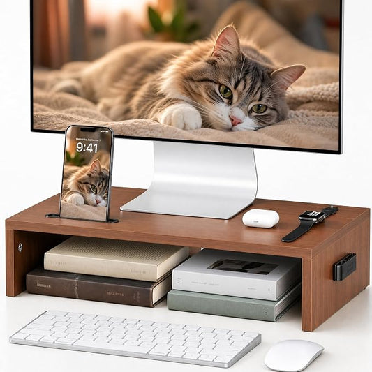 BONTEC Monitor Stand Riser with Cellphone Holder & Cable Management | 16.7 Inch Wood Monitor Riser Stand, Desktop Stand for PC/TV/Laptop/Printer, Walnut by BONTEC