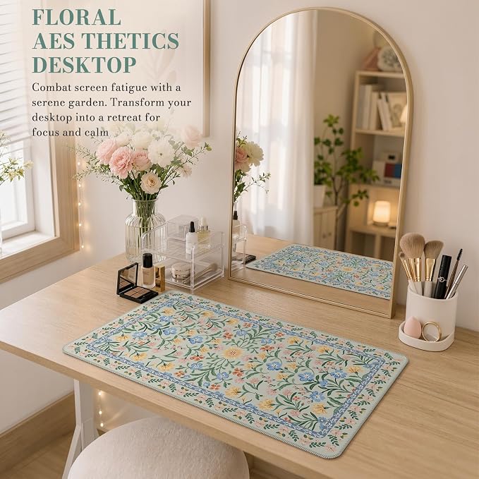 iCasso Aesthetic Flower Mouse Pad,23.6x13.7in, Green Floral | Desk Pad Mat, Desk Matt for Desktop Anti-Slip Mousepad with Stitched Edges for Laptop Computer Keyboard - Image 7