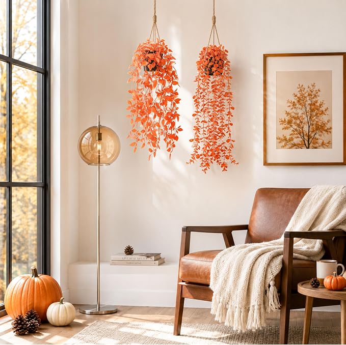 Der Rose 2Pcs Fake Fall Hanging Plants for Home Bathroom Wall Outdoor | Orange artificial hanging plants for autumn decor accents, fall bathroom and kitchen decor, porch, patio and covered decor - Image 6