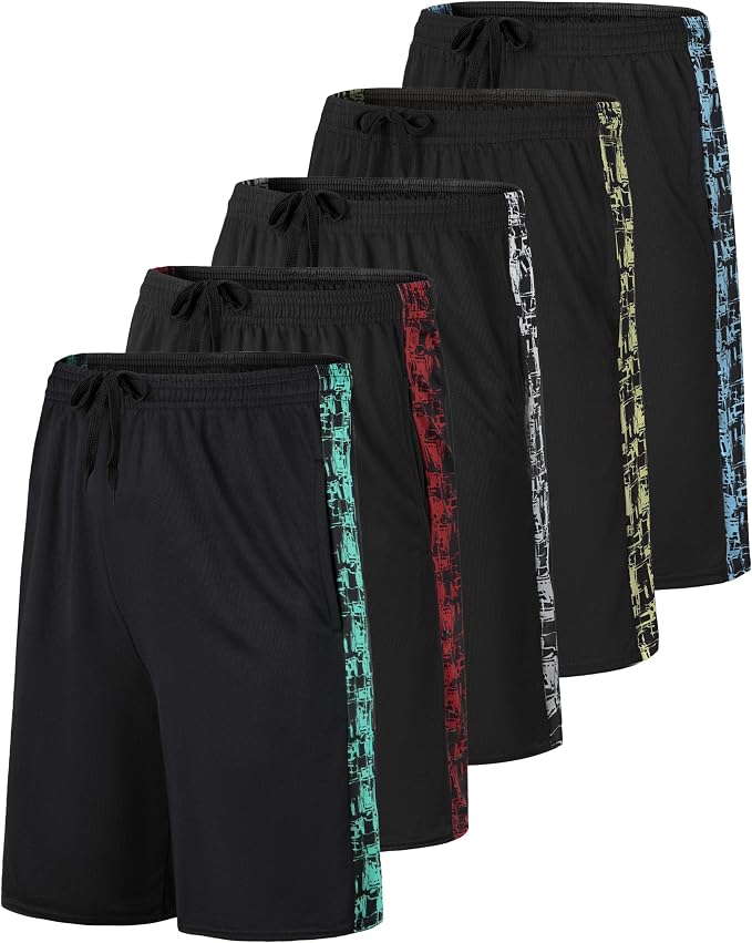 5 Pack Men's Mesh Shorts Athletic Basketball Sports Gym Workout Pockets | Cooling Moisture-Wicking, 9", Long, Quick-Dry, Breathable, Elastic Drawstring Waistband. Running, Exercise, Soccer, Training. by RealEssentials