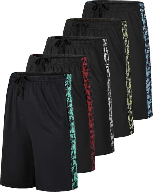 5 Pack Men's Mesh Shorts Athletic Basketball Sports Gym Workout Pockets | Cooling Moisture-Wicking, 9", Long, Quick-Dry, Breathable, Elastic Drawstring Waistband. Running, Exercise, Soccer, Training. by RealEssentials