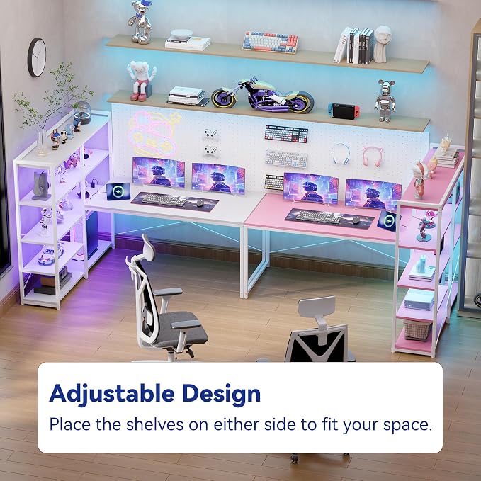 Pamray 49 Inch L Shaped Gaming Computer Desk with Shelves and Storage | Compact Reversible Design with LED Lights & Power Outlets, Suitable for Home Office Bedroom Small Spaces and Dorm Study Work - Image 2
