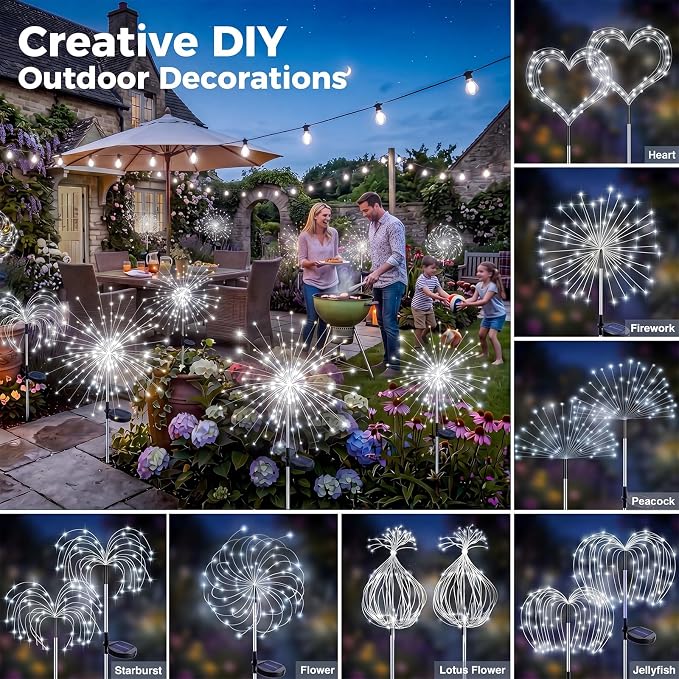 btfarm 4 Pack 120 LED Solar Garden Lights Outdoor, 8 Modes Firework Lights Solar Powered, Waterproof Twinkle Fairy Light Outside for Yard Patio Pathway Pool Christmas Party Decorative, Cool White - Image 3