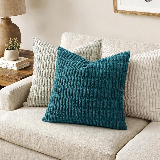 MIULEE Pack of 2 Corduroy Decorative Throw Pillow Covers 20x20 Inch Soft Boho Striped Pillow Covers Modern Farmhouse Home Decor for Summer Coastal Sofa Living Room Couch Bed Teal - Image 2