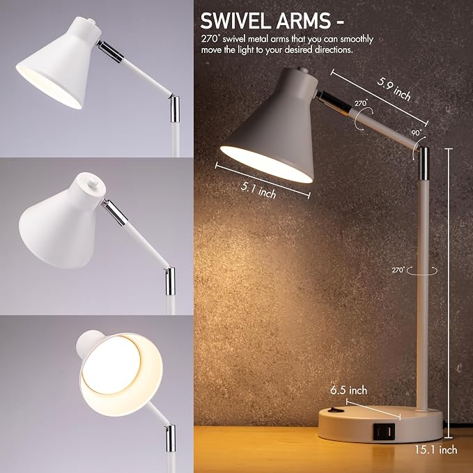 O'Bright Astrum - LED Desk Lamp with Dual USB Charging Ports, 100% Metal, 270 Degree Swivel Arms, Soft White Light (3000K), Bedside & Home Office Table Lamp, ETL Listed, White - Image 2