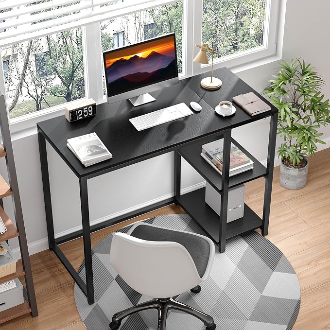 SINPAID Computer Desk 47 inches with 2-Tier Shelves Sturdy Home Office Desks with Large Storage Space Modern Gaming Desk Study Writing Laptop Table, Black - Image 6