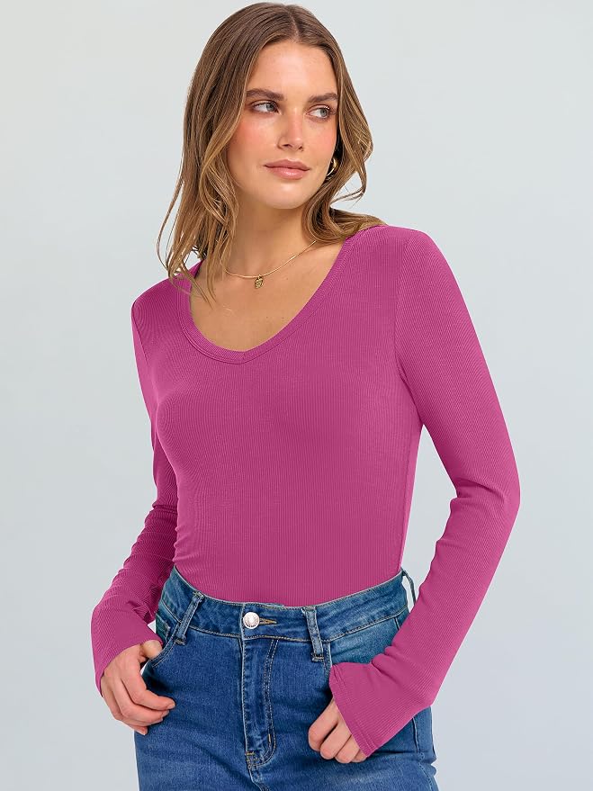 ANRABESS Long Sleeve V Neck Shirts for Women | Soft Comfy Ribbed Knit Fitted Tshirts, Casual Going Out Tops, 2026 Trendy Basic, Fall Winter Underscrub Layering Clothes - Image 4