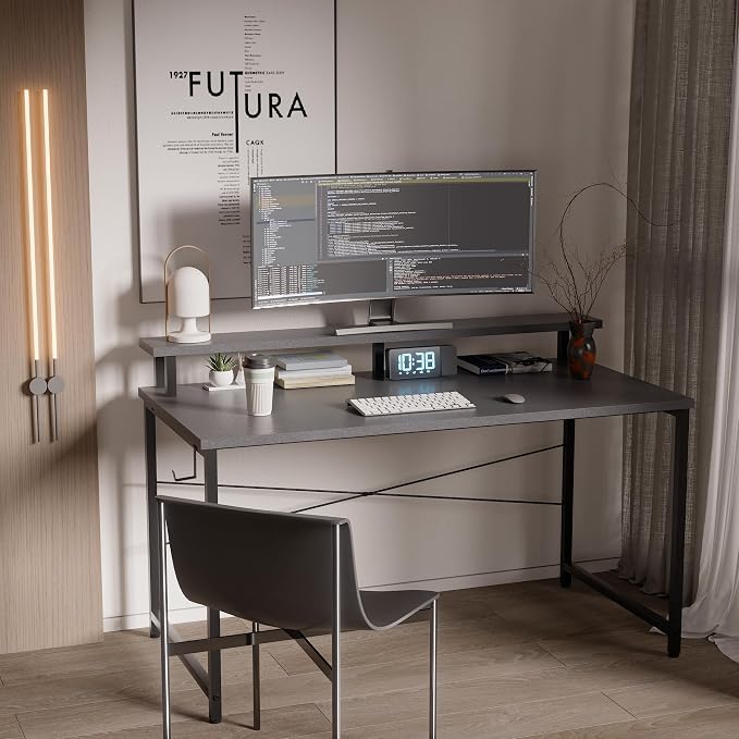 Pamray 47 Inch Small Computer Desk with Monitor Stand, Simple Office Desk with Headphone Hook for Small Spaces, Kids Study Writing Table for Bedroom, Grey - Image 2