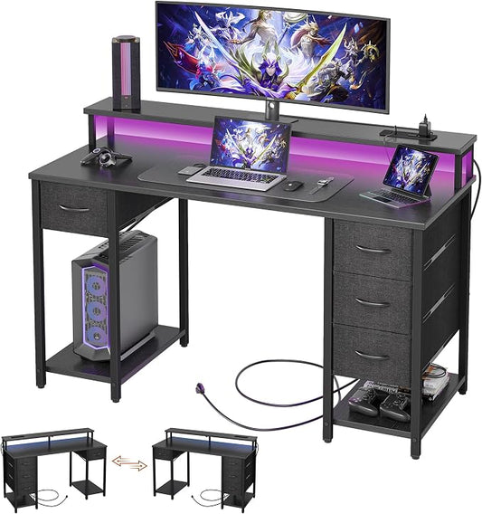 TIQLAB Computer Desk with 4 Drawers & LED Lights, 47 Inch Gaming Desk with Monitor Stand & Power Outlets, Home Office Desk with Large Storage Space, Study Work Table for Bedroom, Black by TIQLAB