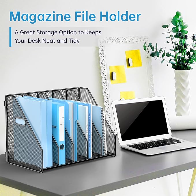 MINDEPOT Desk File Organizer Folder Holder with 5 Vertical for Office Black | Sturdy Metal Mesh, Magazine Folder Holder, Rack File Organizer for Home School, 5 Vertical Compartments - Image 2