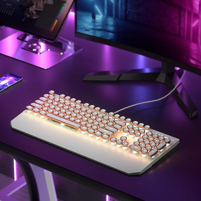 Camiysn Typewriter Style Mechanical Gaming Keyboard, Green Retro Punk Gaming Keyboard with White Backlit, 104 Keys Blue Switch Wired Cute Keyboards, Round Keycaps for Windows/Mac/PC - Image 7