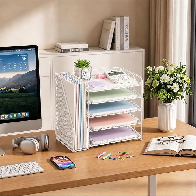 OPNICE Desk Organizer, 5-Tier Paper Organizer Letter Tray with Magazine Holder, Office Desk Accessories & Workspace Organizers, Desktop File Organizer for Office Supplies Storage, White - Image 7
