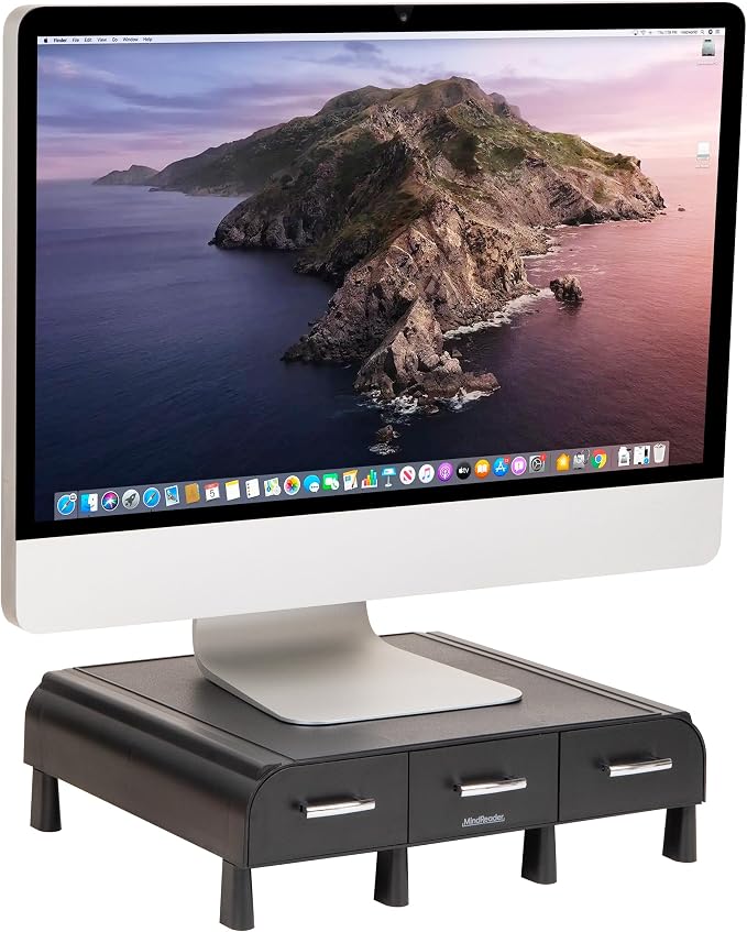 Mind Reader Monitor Stand, Laptop Riser, Desktop Organizer, Storage Drawer, Office, Plastic, 13.5"L x 13"W x 4"H, Black by MindReader