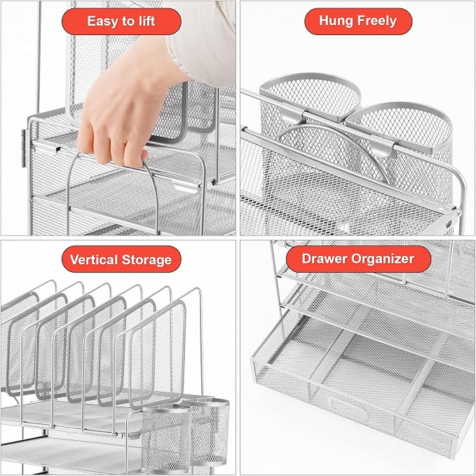 Marbrasse Desk Organizers, 4-Tier Mesh Desk File Organizer with 5 Vertical File Holders and 2 Pen Holders, Multifunction Desktop Organizer,Desk Organizers and Accessories for Home Office (Silver) - Image 2