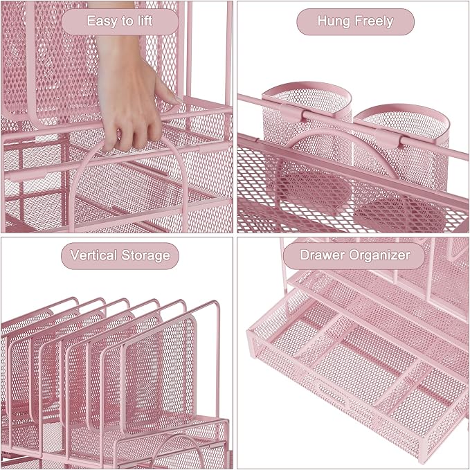 Marbrasse Desk Organizers, 4-Tier Mesh Desk File Organizer with 5 Vertical File Holders and 2 Pen Holders, Multifunction Desktop Organizer,Desk Organizers and Accessories for Home Office (Pink) - Image 2